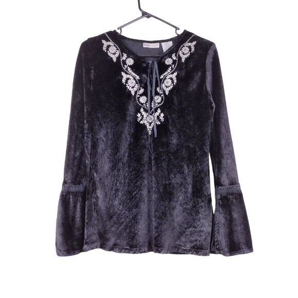 Vintage Faded Glory Womens Small Blouse Black Valor Floral Long Bell Sleeve - Picture 1 of 7